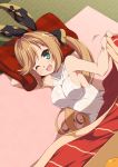  1girl arm_behind_head bare_shoulders blanket blush breasts brown_hair clarisse_(granblue_fantasy) cleavage food fruit granblue_fantasy green_eyes hair_ribbon highres hoppege kotatsu long_hair looking_at_viewer mandarin_orange one_eye_closed open_mouth pillow ponytail ribbed_sweater ribbon smile solo sweater table 