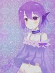  1girl blush deviantart fanom hairband highres jewelry necklace original pajamas panties purple_background purple_hair smile underwear watermark wing_ears yellow_eyes 