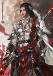  1boy absurdres armor artist_name black_hair character_request clouds cloudy_sky collarbone cowboy_shot gauntlets grey_eyes highres jianxia_qingyuan_3 jx_online looking_afar male_focus monkey_buonarroti petals sky solo staff watermark 