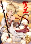  1girl above_clouds anchira_(granblue_fantasy) antenna_hair bare_shoulders barefoot blonde_hair blurry chestnut_mouth choker depth_of_field detached_sleeves flying_nimbus granblue_fantasy hair_between_eyes hairband kannazuki_genshi looking_at_viewer monkey_ears monkey_tail red_eyes short_hair sitting small_breasts solo staff thigh-highs thighs 