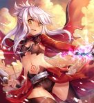  1girl brown_eyes cape dark_skin fate/kaleid_liner_prisma_illya fate_(series) holding holding_weapon kanshou_&amp;_bakuya ks kuro_(fate/kaleid_liner) long_hair long_sleeves navel open_mouth small_breasts smile solo tattoo white_hair 