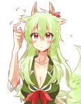  1girl bow cleavage ex-keine green_hair horn_ribbon horns kamishirasawa_keine long_hair red_eyes ribbon six_(fnrptal1010) solo tail touhou 