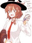  1girl bow brown_eyes brown_hair can hat korean necktie open_mouth shirt short_hair six_(fnrptal1010) skirt smile solo touhou translation_request usami_renko 
