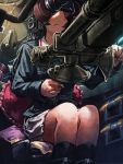 1girl aiming black_hair blush commentary_request covered_eyes dark faux_traditional_media from_below frown girls_und_panzer ground_vehicle headphones isuzu_hana lain legs_together long_hair machinery military military_vehicle motor_vehicle serious sitting skirt solo sunlight tank tank_interior uniform vehicle 