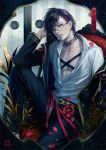  1boy akashi_kuniyuki chair glasses green_eyes hair_ornament hairclip male_focus open_clothes open_shirt petals purple_hair realistic shirt sitting suda_ayaka touken_ranbu 