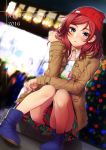 1girl 2016 absurdres bangs beanie blush boots coat crowd dutch_angle happy_new_year hat headphones headphones_around_neck highres knees_together_feet_apart long_sleeves looking_at_viewer love_live!_school_idol_project new_year night nishikino_maki open_clothes open_coat outdoors plaid plaid_skirt print_shirt red_hat redhead shirt sitting skirt solo_focus swept_bangs t-shirt tree unbuttoned upper_body violet_eyes yana_mori 