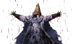  1boy alfred_(bloodborne) blood bloodborne cape gloves highres outstretched_arms raining_blood ruukii_drift solo 