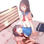  2girls bed eyebrows kill_la_kill kiryuuin_satsuki lap_pillow long_hair lying matoi_ryuuko multicolored_hair multiple_girls necozzz pillow school_uniform serafuku short_hair two-tone_hair 