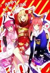  2016 3girls :d ahoge animal_ears blonde_hair blue_eyes blue_ribbon brown_eyes caster_(fate/extra) fang fate/extra fate/extra_ccc fate_(series) flower fox_ears fuyuki_(neigedhiver) green_eyes hair_flower hair_ornament hair_ribbon happy_new_year heart highres horns japanese_clothes kimono lancer_(fate/extra_ccc) long_hair looking_at_viewer multiple_girls new_year open_mouth pink_hair ribbon rose saber_extra sandals smile spoken_heart sweatdrop tabi teeth twintails white_legwear 