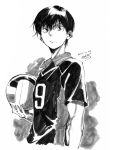  1boy 2015 greyscale looking_at_viewer monochrome signature solo sportswear standing t-okada volleyball 