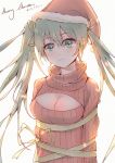  1girl 2015 bdsm bondage bound breasts cleavage cleavage_cutout green_eyes green_hair hair_ribbon hat hatsune_miku highres long_hair merry_christmas open-chest_sweater ribbed_sweater ribbon ribbon_bondage santa_hat slass solo sweater tied_up turtleneck upper_body vocaloid 