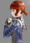  1girl bodysuit brown_hair gloves grey_background grey_eyes holding_can kfr looking_afar original pilot_suit science_fiction short_ponytail sipping solo tied_hair 