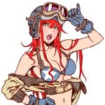  1girl blue_eyes blue_gloves breasts cleavage gloves goggles goggles_on_head helmet long_hair looking_at_viewer navel off_shoulder open_mouth original redhead simple_background solo teeth white_background yamashita_shun&#039;ya 