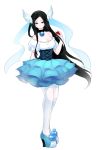  1girl alternate_costume bare_shoulders black_eyes black_hair blue_shoes blue_skirt choker drawfag female high_heels highres holding holding_poke_ball long_hair mache_(pokemon) poke_ball pokemon shoes skirt solo white_background white_legwear wing_hair_ornament 