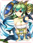  1girl alrescha_(p&amp;d) bare_shoulders blue_hair breasts cleavage fish gradient_hair green_hair head_fins headdress mermaid monster_girl multicolored_hair pisces puzzle_&amp;_dragons red_eyes snaking 