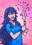  1girl ^_^ akairiot black_hair blush casual closed_eyes confetti fire_emblem fire_emblem:_kakusei happy long_hair lucina new_year open_mouth party_popper shirt small_breasts smile solo sparkle t-shirt very_long_hair wristband 
