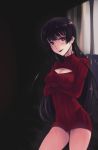  1girl bare_legs black_hair boa_(4chan) breasts cleavage_cutout crossed_arms curtains highres hime_cut kanoe_yuuko long_hair open-chest_sweater red_eyes red_shirt ribbed_sweater shirt solo sweater tasogare_otome_x_amnesia window 