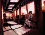  2girls blonde_hair brown_hair closed_eyes dyolf ghost hat hat_removed headwear_removed maribel_hearn multiple_girls revision shirt silhouette sitting skirt sleeping touhou train train_interior usami_renko 