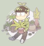  1boy :&gt; blush brown_hair character_name chibi circle clover_(flower) flower green_background highres holding hoodie ivy looking_down male_focus matsuno_choromatsu nyaph osomatsu-kun osomatsu-san plant plant_on_head potted_plant simple_background sitting solo 