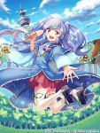  1girl blue_eyes blue_hair clouds copyright food hair_ornament ice_cream jumping long_hair midair official_art open_mouth outdoors outstretched_hand pink_skirt shina_shina sidelocks skirt solo tenka_touitsu_chronicle thigh-highs tower violet_eyes white_legwear 