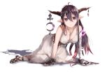 1girl all_fours antenna_hair bandaged_arm bandages bare_shoulders black_gloves breasts crescent danua dress fingerless_gloves gloves granblue_fantasy hair_between_eyes horn_ornament horns jewelry long_hair looking_at_viewer parted_lips pointy_ears purple_hair qwyte red_eyes simple_background solo white_dress 