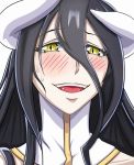  1girl albedo black_hair blush face highres horns looking_at_viewer murabito_sono2 open_mouth overlord_(maruyama) slit_pupils solo sweatdrop white_background yellow_eyes 