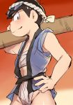  1boy black_hair bowl_cut brown_eyes carrying_over_shoulder fundoshi hachimaki hand_on_hip happi headband looking_at_viewer male_focus matsuno_karamatsu melisaseventeen nejiri_hachimaki osomatsu-kun osomatsu-san sarashi smile solo sunglasses sunglasses_on_head 