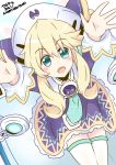  1girl absurdres blonde_hair blue_eyes book hair_ornament hands_raised happy_new_year hat highres histoire kisaragi_(kisaragi0930) looking_at_viewer neptune_(series) new_year open_mouth outstretched_hand smile solo translated twintails wings 