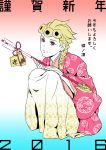 1boy 2016 arrow bell blonde_hair chounorin earrings full_body giorno_giovanna highres holding japanese_clothes jewelry jingle_bell jojo_no_kimyou_na_bouken male_focus note red_eyes smile solo translation_request 