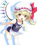  1girl apron bent_over blonde_hair blush crystal fang flandre_scarlet hat hat_ribbon looking_at_viewer mob_cap open_mouth red_eyes ribbon school_swimsuit short_hair side_ponytail smile solo swimsuit thigh-highs tirotata touhou waist_apron white_background white_legwear wings 