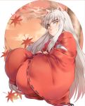 1boy animal_ears autumn_leaves dog_ears inuyasha inuyasha_(character) japanese_clothes long_hair looking_at_viewer smile solo white_hair yellow_eyes yorukun 