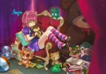  1girl aa2233a amumu annie_hastur backpack bag ball bear book book_stack chair character_name dress gnar_(league_of_legends) goggles_on_hat green_eyes hat kog&#039;maw league_of_legends mushroom open_book pillow pink_hair poro_(league_of_legends) purple_dress purple_skirt rammus shoes sitting skirt smile stitches striped striped_legwear stuffed_animal stuffed_toy teddy_bear teemo tibbers tongue tongue_out yordle zac 
