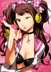  1girl artist_request black_swimsuit bow breasts brown_eyes brown_hair cleavage hair_bow headphones heart highres kujikawa_rise long_hair nail_polish official_art one_eye_closed persona persona_4 persona_4:_dancing_all_night pink_background solo swimsuit twintails 