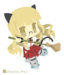  1girl alternate_costume animal_ears bamboo_broom blonde_hair broom cat_ears cat_tail chameleon_man_(three) chibi glasses japanese_clothes long_hair miko perrine_h_clostermann solo strike_witches striker_unit tail 