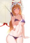  1girl absurdres bikini blonde_hair breasts collarbone contrapposto hat hat_ribbon highres kamachi_kamachi-ko large_breasts long_hair mob_cap parasol purple_bikini ribbon smile solo swimsuit touhou umbrella under_boob very_long_hair violet_eyes yakumo_yukari 