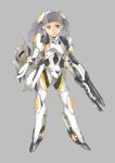  1girl armor bodysuit full_body grey_background grey_hair headgear holding_weapon jack_hamster mecha_musume original solo thrusters 