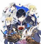  adjusting_clothes adjusting_hat bird black_hair blonde_hair blue_eyes braid butterfly chocolate_sable coat dual_persona earrings flower gakuran giorno_giovanna green_eyes hat hirose_kouichi holding jewelry jojo_no_kimyou_na_bouken kuujou_joutarou pinecone school_uniform turtleneck 