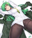  1girl arms_up blazer breasts green_eyes green_hair highres jacket jacket_removed jjune large_breasts long_hair long_sleeves looking_at_viewer lying mole mole_under_mouth on_back original pants parted_lips shirt solo very_long_hair 