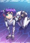  1girl absurdres all_fours android barcode binary damaged full_body green_eyes headgear highres looking_at_viewer mecha_musume original parts_exposed purple_hair robot_ears solo tsune_(dreamers_express) twintails 