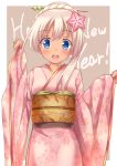  absurdres alternate_costume alternate_hairstyle blonde_hair blue_eyes blush flower go-1 hair_flower hair_ornament happy_new_year highres japanese_clothes kantai_collection kimono new_year ro-500_(kantai_collection) tan 