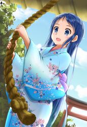  1girl alternate_costume blue_eyes blue_hair highres japanese_clothes kantai_collection kimono long_hair obi open_mouth rope samidare_(kantai_collection) sash shrine smile solo torii very_long_hair watage_(wata) 