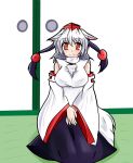  1girl animal_ears blush breasts detached_sleeves hat highres inubashiri_momiji large_breasts looking_at_viewer pom_pom_(clothes) red_eyes short_hair silver_hair sitting skirt smile solo tail tokin_hat touhou wolf_ears wolf_tail 