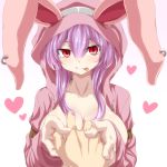 1girl animal_hood blush breasts bunny_hood earrings heart highres holding_hands hood hoodie jewelry large_breasts long_hair long_sleeves looking_at_viewer naked_hoodie open_clothes original out_of_frame purple_hair red_eyes shiny shiny_skin simple_background smile tongue tongue_out upper_body usagi-san_(watarui) watarui white_background 