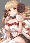  1girl ahoge anila_(granblue_fantasy) bangs blonde_hair blunt_bangs blush breasts cape cleavage closed_mouth eyebrows eyebrows_visible_through_hair fur_trim gloves granblue_fantasy grey_background highres horns large_breasts long_hair looking_at_viewer orange_eyes pleated_skirt sheep_horns short_eyebrows simple_background skirt smile solo thigh-highs u_rin upper_body white_legwear 