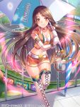  1girl belt breasts brown_eyes brown_hair cleavage elbow_gloves fence gloves long_hair looking_at_viewer midriff navel official_art one_leg_raised orange_pants over_shoulder racequeen shina_shina shorts solo tenka_touitsu_chronicle thigh-highs umbrella white_gloves 