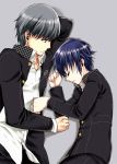  blue_hair couple midou_shin narukami_yuu persona persona_4 reverse_trap school_uniform seta_souji shirogane_naoto short_hair simple_background sleeping 