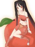  arancia bare_shoulders black_hair boots food fruit long_hair midriff miniskirt muranisaki navel orange orange_dress orange_eyes original sitting skirt solo twintails 