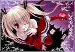  ;p blonde_hair detached_sleeves garters gothic_lolita kirihara_natsuki lolita_fashion moon night night_sky original red_eyes red_moon sky thigh-highs thighhighs tongue twintails wings wink 