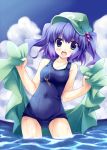  blue_eyes blue_hair cloud clouds hair_bobbles hair_ornament hat jewelry kawashiro_nitori key minase minase_(artist) one-piece_swimsuit pendant school_swimsuit sky solo swimsuit touhou twintails water wet 