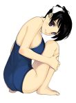  black_hair blue_eyes breasts feet from_behind head_tilt knees_on_chest large_breasts leg_hug looking_back mibu_natsuki one-piece one-piece_swimsuit original sideboob simple_background smile squat squatting swimsuit 